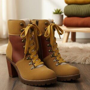 Frye and Co. Ankle Boots Cognac Rayner Hiker Shearling Trim Womens Size 7.5